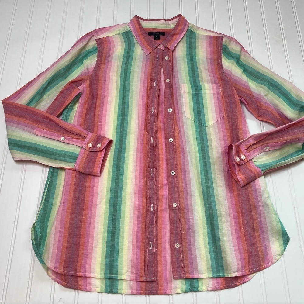 J.Crew Linen Blend Boy Shirt 10 Classic Button Up Rainbow Striped Women.  201